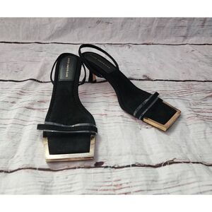 Good American Golden Standout Square toe Suede Heeled Sandals Size 9.5